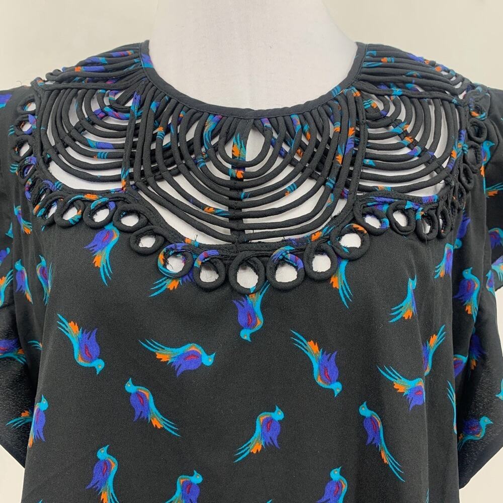 Ranna Gill Blouse Womens S Small Black Birds Cutout Neckline Flutter Sleeve Top - Picture 3 of 12